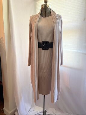 Magaschoni oatmeal ribbed knit midi dress & duster cardigan set